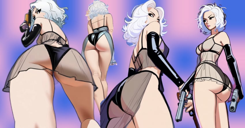 1girls character_sheet curvy curvy_hips depth_of_field forced_perspective honey_gal latex_armwear latex_boots latex_thighhighs latex_underwear medium_ass multiple_views nightgown original_character posing_with_weapon rear_view solo ssktch underwear