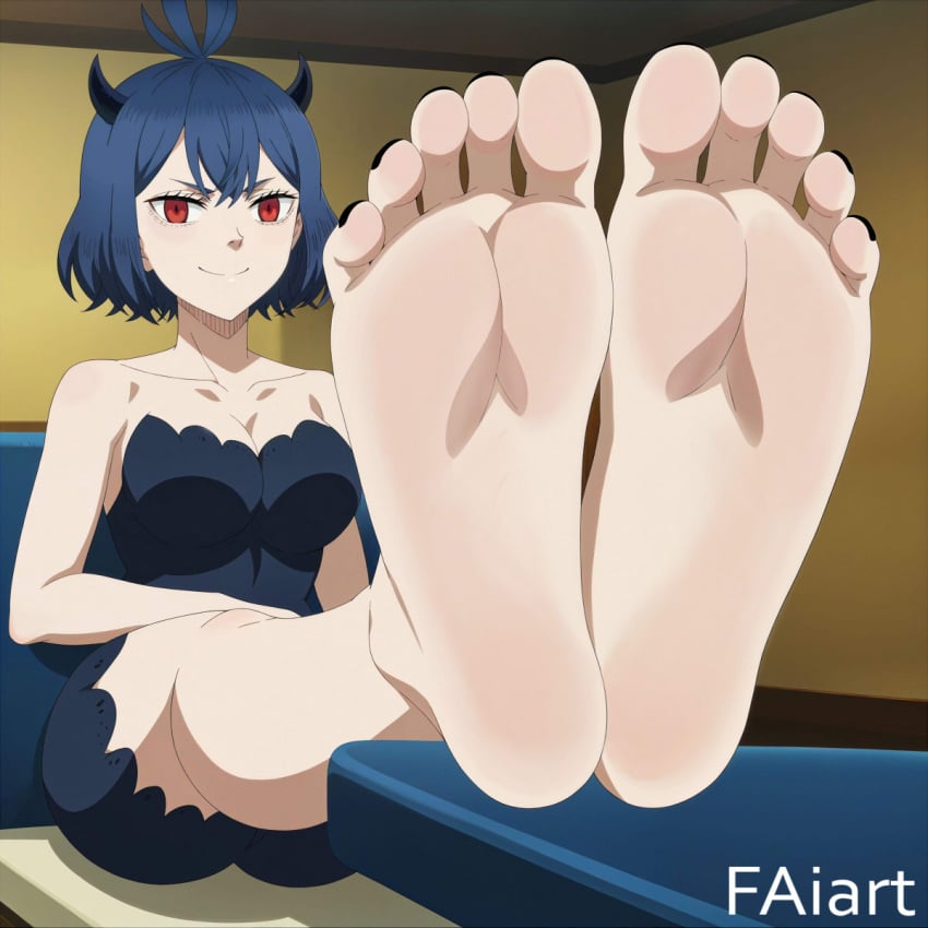 ai_generated black_clover blue_hair faiart female foot_fetish foot_focus nero_(black_clover) red_eyes secre_swallowtail