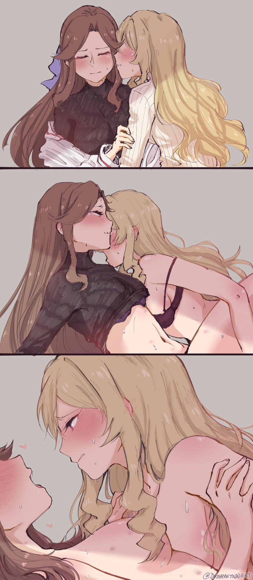 2girls arm_grab bite_mark bite_mark_on_thigh black_bra blonde_hair blue_eyes blush bra bra_strap breasts brown_hair canon_couple color comic completely_nude dreamsynddart drooling ear_blush fingering_partner flustered full-face_blush fully_clothed grey_background half-closed_eyes hand_on_another&#039;s_arm hand_on_another&#039;s_shoulder heart heart-shaped_pupils highres holding_partner imminent_fingering imminent_sex implied_fingering kiss_mark lighting long_hair looking_at_partner looking_pleasured lying lying_on_back painted_nails pink_nails purple_bra purple_eyes romantic romantic_couple saijou_claudine shirt_lift shoujo_kageki_revue_starlight shoulder_grab sideboob sitting sweat tendou_maya turtleneck undressing wholesome yuri