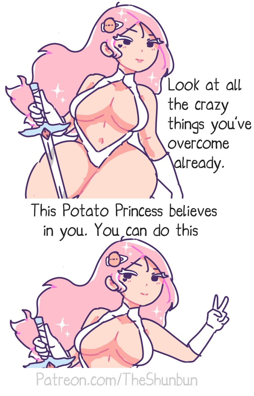 2020s 2023 belly_button boob_window english_text gloves hair_clips heart_symbol holding_weapon large_breasts looking_at_viewer motivational multiple_images one_piece_swimsuit patreon_url peace_sign pink_hair potato princess sparkly_hair sweet_potato_(theshunbun) sword theshunbun thick_thighs white_background white_eyebrows white_gloves