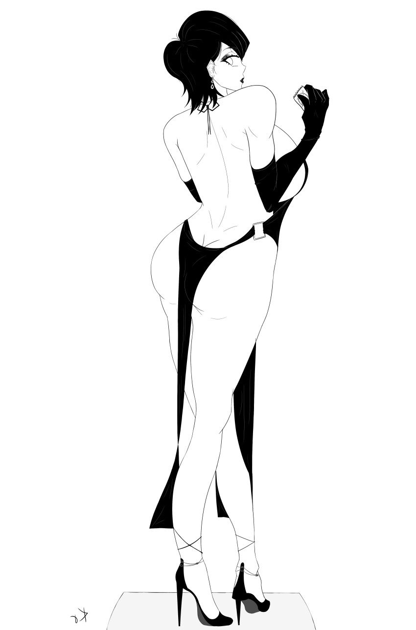 backless_outfit big_breasts black_and_white black_dress breast butt condom dress gloves hair high_heels komi_shouko komi_shuuko press sex short