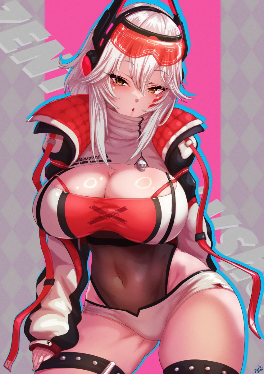 absurdres blush breasts cleavage covered_navel female grey_hair highres jacket leotard leotard_under_clothes looking_at_viewer momoyama_tits open_mouth red_jacket red_shrug short_hair shorts shrug_(clothing) simple_background solo thigh_strap two-sided_fabric two-sided_jacket two-tone_shrug virtual_youtuber vshojo white_jacket white_shorts white_shrug yellow_eyes zentreya zentreya_(cyborg) zentreya_(cyborg)_(zen_2.0)