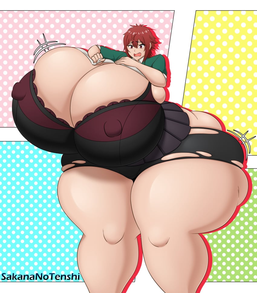 aizawa_tomo ass_expansion bra breast_expansion breast_squeeze bursting_breasts hourglass_expansion huge_breasts nipple_bulge red_eyes red_hair ripped_clothing sakananotenshi struggling_to_fit surprised thick_thighs thigh_expansion tomboy tomo-chan_wa_onna_no_ko wardrobe_malfunction