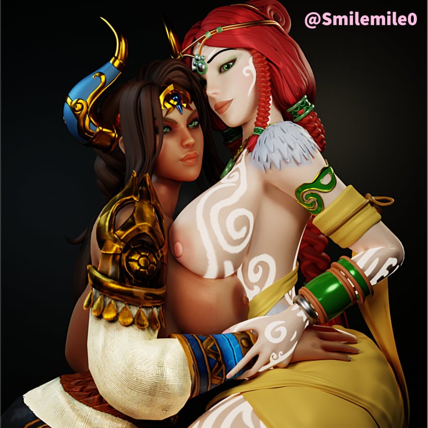 2girls 3d asian_mythology big_ass big_breasts brown_hair chinese_mythology female goddess hi-rez_studios huge_breasts ishtar_(smite) looking_at_viewer mesopotamian_mythology middle_eastern_mythology mythology nu_wa_(smite) nude red_hair smilemile0 smite tattoo thick_thighs