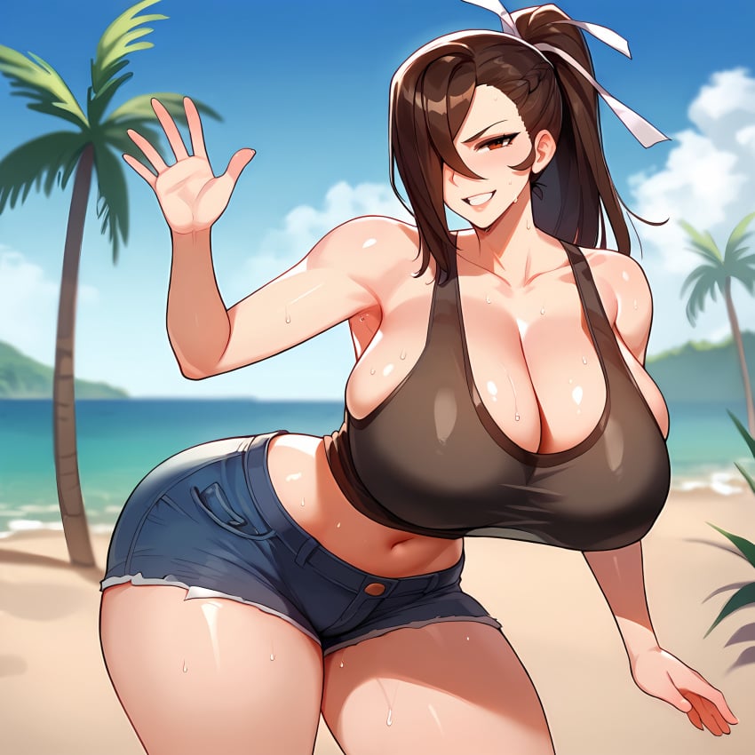 1girls absurd_res ai_generated arm_at_side beach blue_sky blurry blurry_background brown_hair bursting_breasts cleavage comfyui curvy denim depth_of_field fire_emblem fire_emblem_fates full_body gigantic_breasts hair_over_one_eye hanging_breasts highres huge_breasts intelligent_systems island kagero_(fire_emblem) looking_at_viewer mature_female milf narrow_waist navel open_mouth palm_tree pony_diffusion_xl ponytail sagging_breasts sand see-through shadow shiny_skin sideboob sidelighting smile stable_diffusion sunlight sweat tank_top thick_thighs tree video_games waving white_tank_top wide_hips xenomon