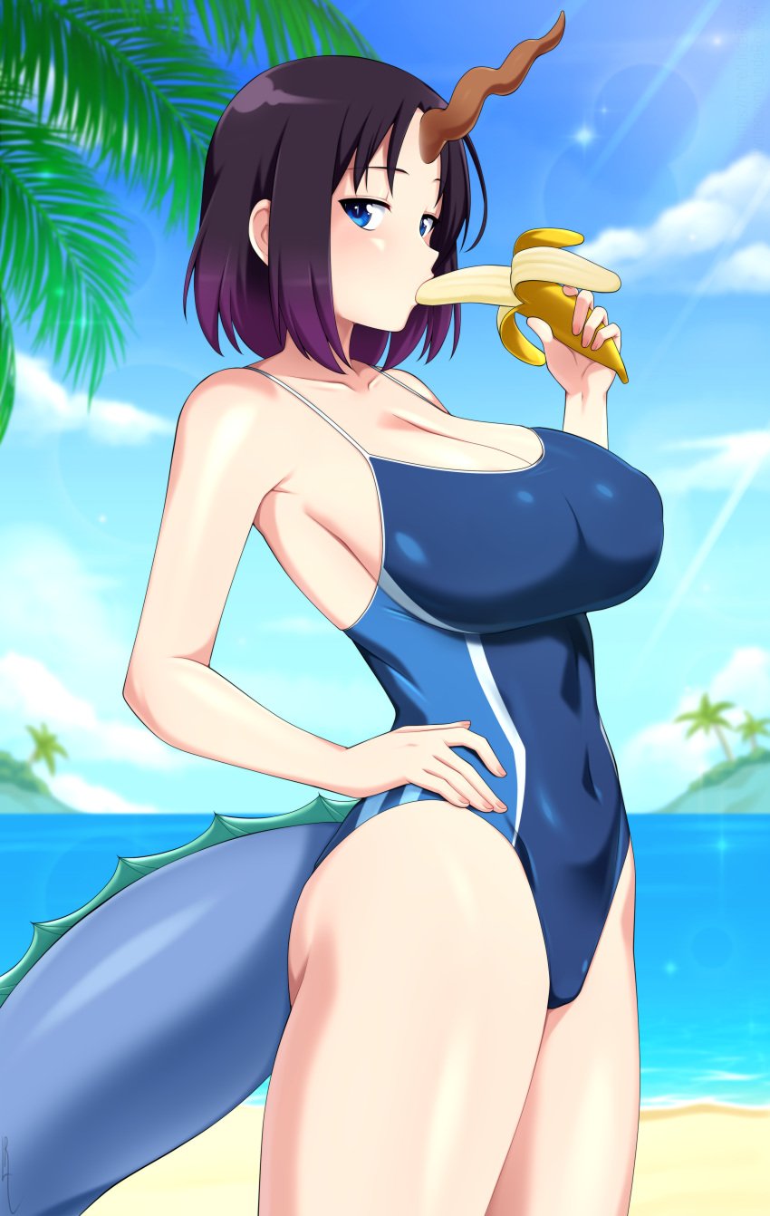 banana beach dragon_girl dragon_horn dragon_tail elma_(dragon_maid) lindaroze miss_kobayashi's_dragon_maid one-piece_swimsuit swimsuit tagme