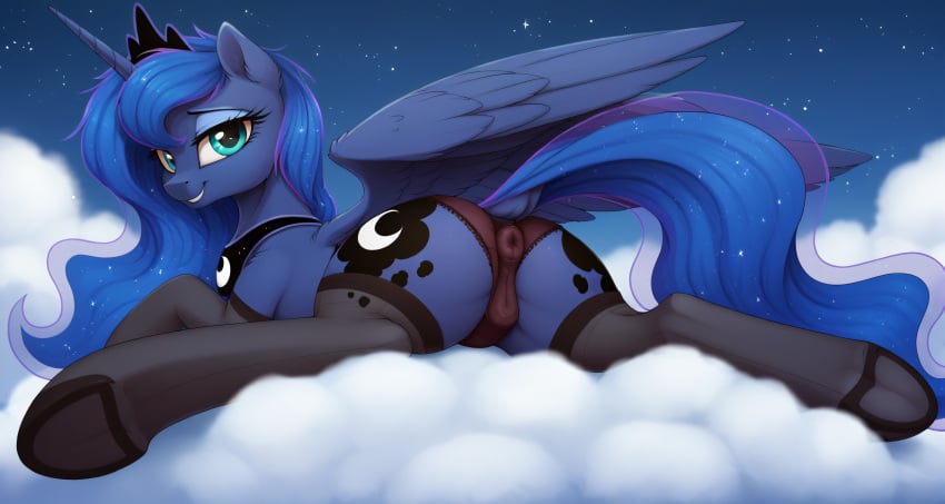 ai_generated alicorn blue_body blue_eyes blue_fur blue_hair equid equine female feral friendship_is_magic hair hasbro horse long_hair my_little_pony panties pony princess_luna_(mlp) tail