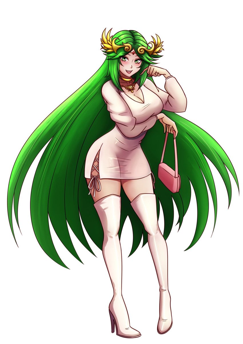 boots breasts clothed_female female female_only goddess green_hair kid_icarus kid_icarus_uprising light-skinned_female light_skin long_hair looking_at_viewer nintendo palutena purse smiling smiling_at_viewer thighs voluptuous willanator