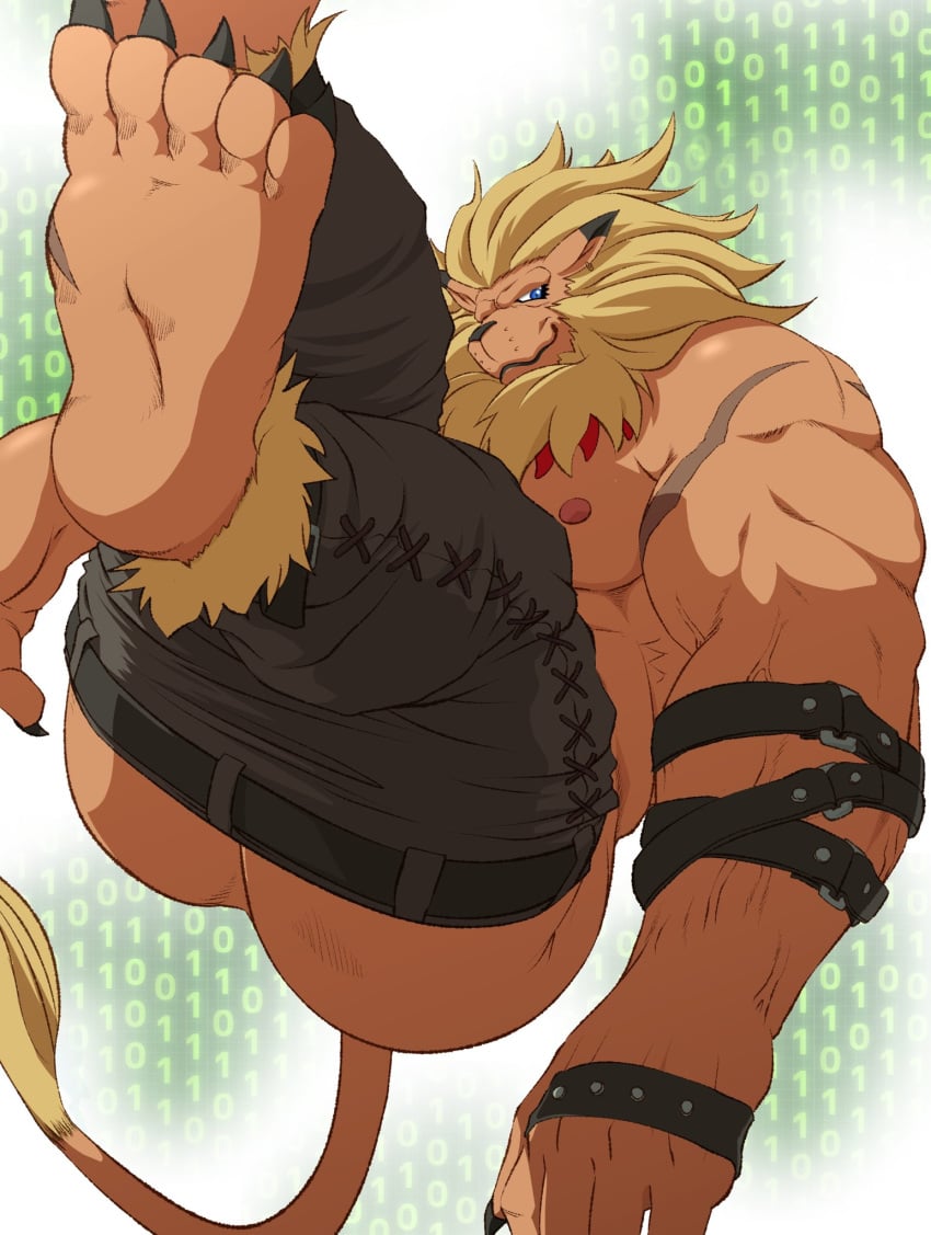 1boy anthro ass bandai_namco belt biceps blonde_hair blue_eyes bottomwear bottomwear_down clawed_toes clothed clothing digimon digimon_(species) feet felid hi_res leomon lion male male_only mammal mane muscular muscular_anthro nipples pantherine pants pants_down partially_clothed pecs samoji soles solo