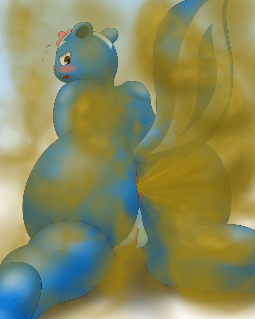 absurd_res anthro anus ass big_butt black_eyes blue_body blue_fur blue_tail blush curvy_figure drain_scat embarrassed eyelashes fart fart_cloud fart_fetish farting_at_viewer female flower flower_accessory fur genitals happy_tree_friends hi_res humanoid_genitalia humanoid_pussy kneeling looking_back mammal mephitid mondo_media nude open_mouth petunia_(htf) plant pussy skunk solo tail teeth thick_thighs wide_hips