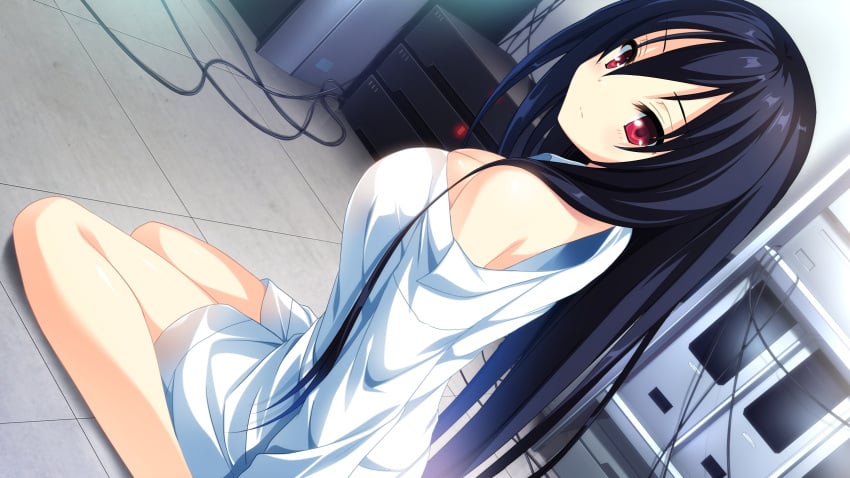 black_hair blush breasts cocoro@function! dutch_angle female hayami_asagao highres long_hair looking_at_viewer motoi_ayumu red_eyes sitting solo wariza white_shirt