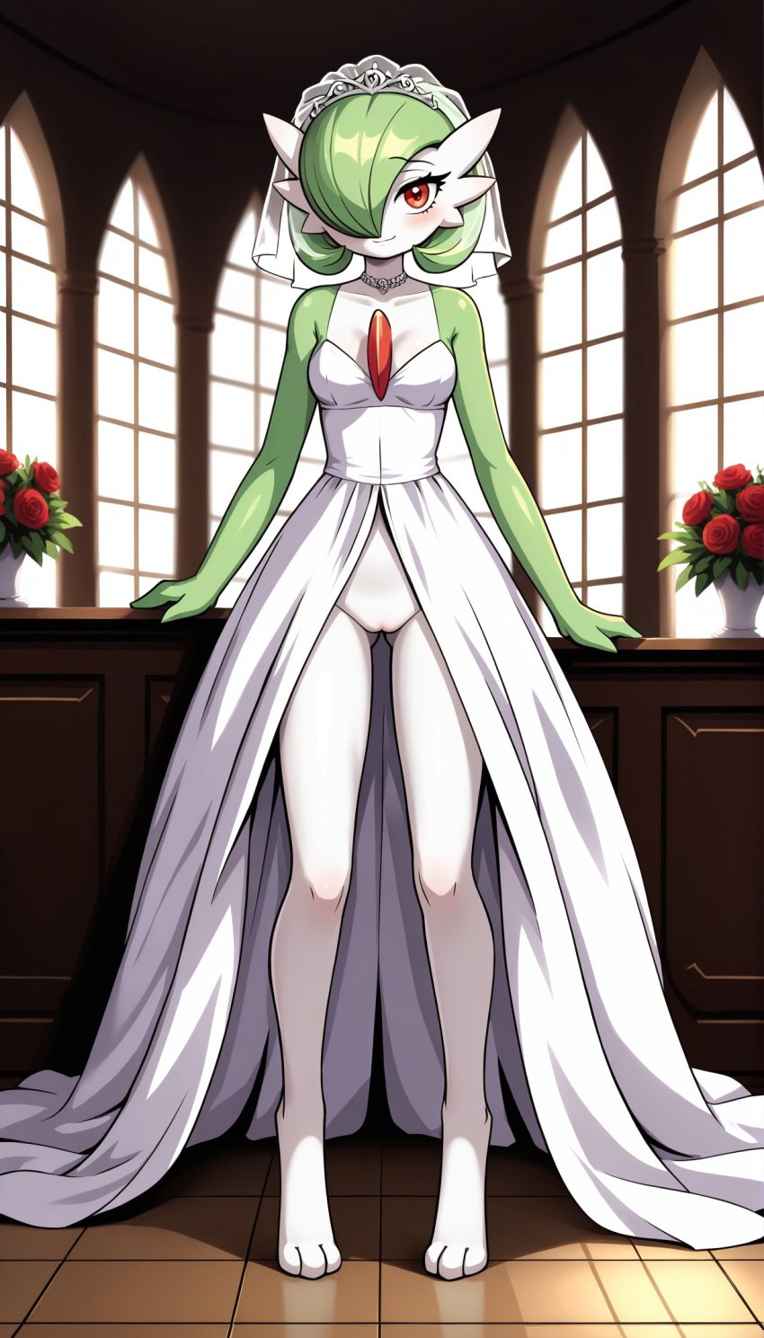 1girls 2024 ai_generated anthro blushing bottomless bottomless_female digitigrade female female_only gardevoir generation_3_pokemon hi_res indoors innie_pussy looking_at_viewer nintendo pokemon pokemon_(species) pussy red_eyes smile veil wedding_dress white_body