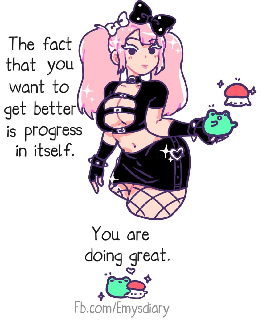 2020s 2024 belly_button big_breasts black_eyes bows choker cleavage cleavage_overflow english_text facebook_url fingerless_gloves fishnets frog hairbow holding_animal leather_clothing midriff motivational mushroom pink_hair sparkling_hair spiked_bracelet sweet_potato_(theshunbun) theshunbun thick_thighs twintails waist white_eyebrows