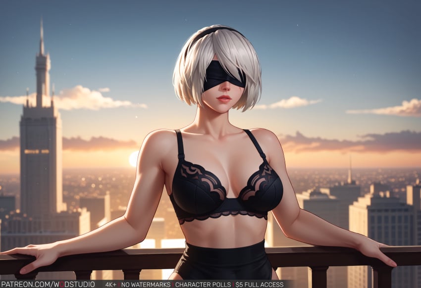 2b against_railing ai-created ai_generated bare_arms bare_shoulders black_blindfold black_bra black_clothes black_hair_ornament black_hairband black_skirt blindfold bra breasts building city cityscape cleavage clothing cloud covered_eyes eyewear facing_viewer female female_only hairband headwear large_breasts lips looking_at_viewer medium_breasts mole mole_under_mouth nier:_automata nier_(series) no_shirt outdoors parted_lips pink_lips railing short_hair skirt sky skyline solo underwear upper_body white_hair wodstudio yorha yorha_2b yorha_no.2_type_b