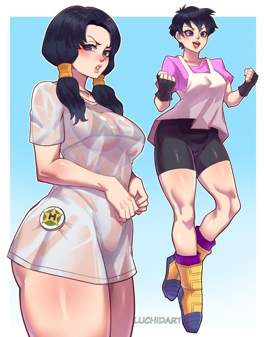 1girls big_breasts bike_shorts black_hair blue_eyes breasts dragon_ball dragon_ball_z female female_only large_breasts luchidart see-through_clothing see-through_shirt tomboy twintails videl