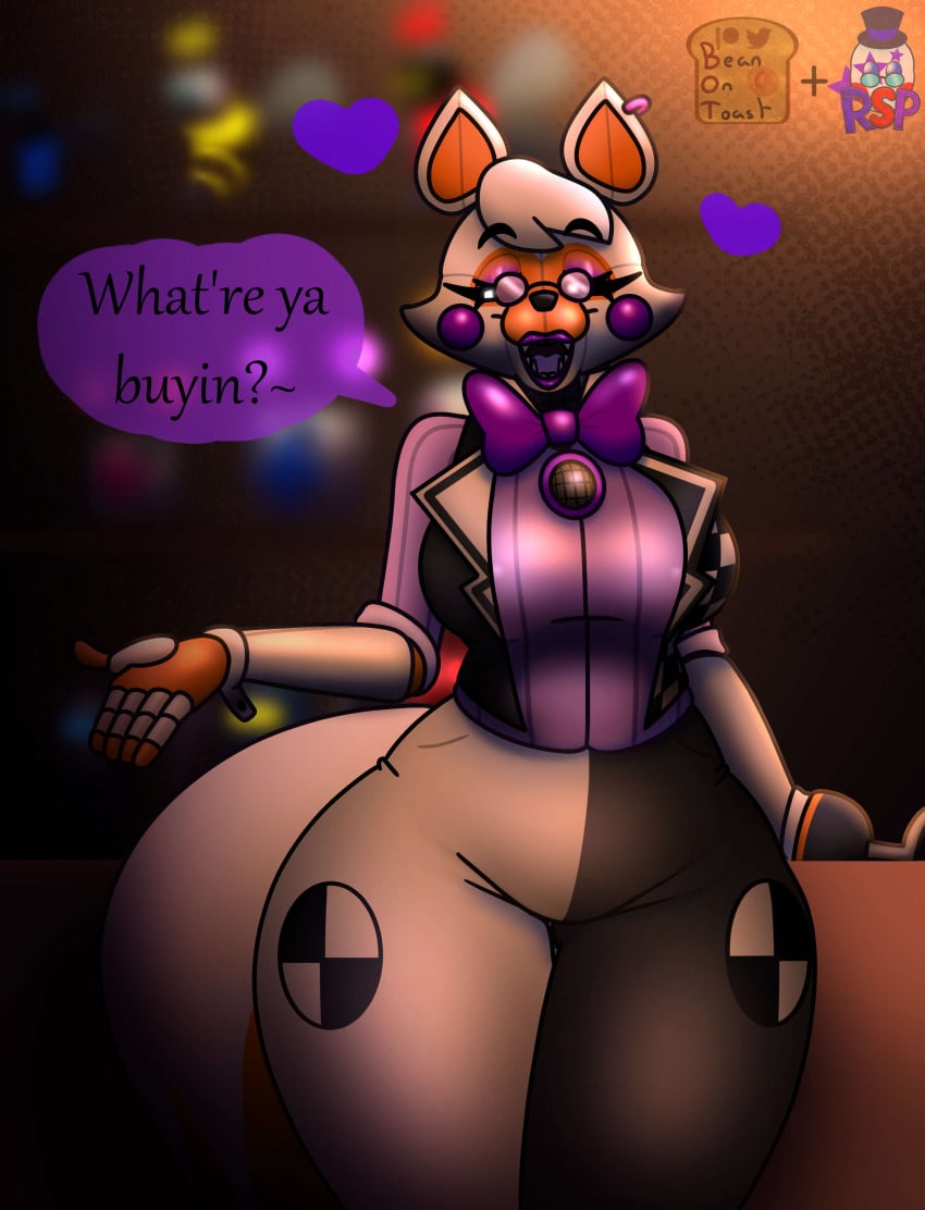 2024 2d 2d_(artwork) 2d_artwork animatronic animatronic_female anthro artist_logo artist_name beanontoast big_breasts ear_piercing female five_laps_at_freddy's five_nights_at_freddy's five_nights_at_freddy's:_sister_location fox fox_ears fox_girl furry furry_female glowing_eyes lolbit_(fnaf) orange_highlights purple_cheeks purple_lipstick robot robot_girl rockstar_puppet_(artist) solo thick_thighs white_body