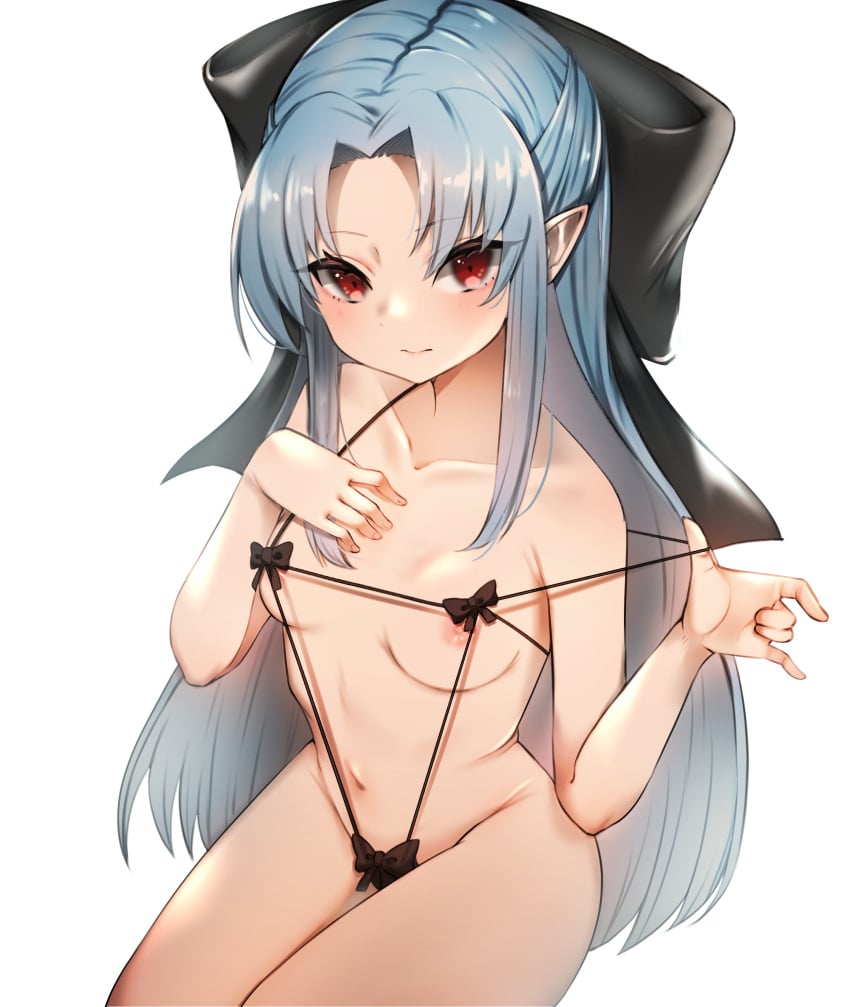 blue_hair blush female female_only hair_ribbon hairbow high-angle_view kagetsu_tohya len len_(tsukihime) lingerie long_hair looking_at_viewer onigirisss pointy_ears red_eyes sitting small_breasts solo succubus tsukihime type-moon