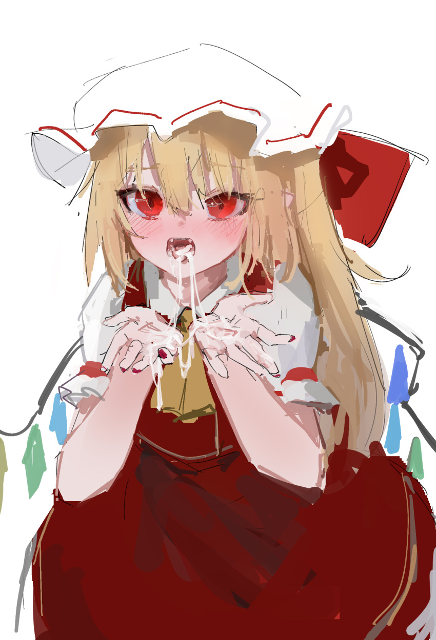 :o ascot blonde_hair blush cowboy_shot crystal cum cum_in_mouth cum_on_hands dress eyebrows_visible_through_hair eyes_visible_through_hair fangs female flandre_scarlet hat highres long_hair looking_at_viewer mob_cap nail_polish open_mouth puffy_short_sleeves puffy_sleeves red_dress red_eyes red_nails red_ribbon reddizen ribbon short_sleeves simple_background touhou white_background white_headwear wings yellow_ascot