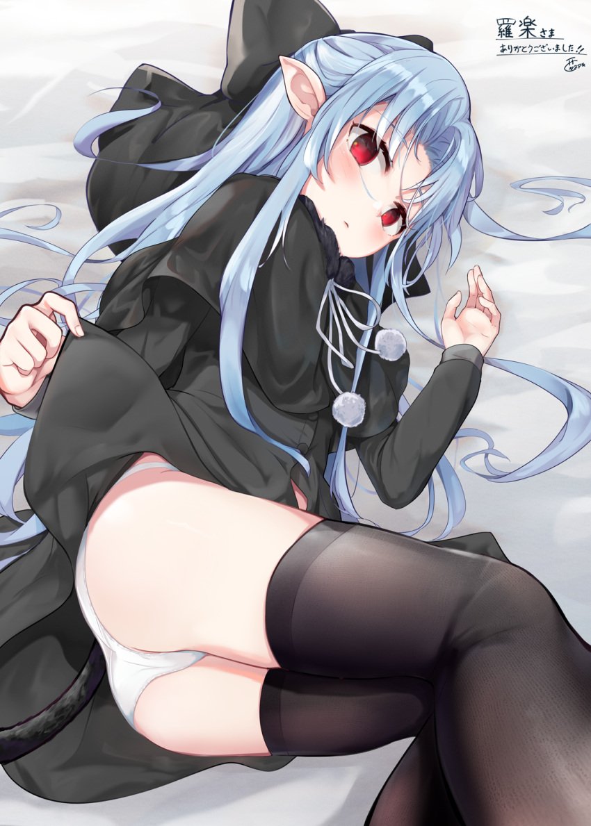 black_dress black_legwear black_thighhighs blue_hair blush capelet dress_shirt female female_only hair_ribbon hairbow kagetsu_tohya len len_(tsukihime) long_hair looking_at_viewer nishi_yasuaki nylons on_bed on_side panties pointy_ears red_eyes solo succubus thighhighs tsukihime type-moon white_panties