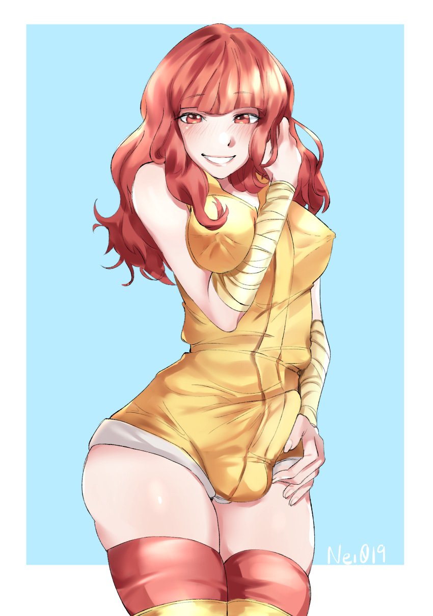 1futa absolute_territory alternate_costume aroused balls balls_under_clothes bandage booty_shorts breasts bulge celica_(fire_emblem) celica_(warrior_princess)_(fire_emblem) clothed clothing covered_breasts dickgirl erect_penis erection erection_under_clothes fire_emblem fire_emblem_echoes:_shadows_of_valentia fire_emblem_heroes futa_only futanari hand_on_hair hand_on_own_thigh hot_pants human light-skinned_female light-skinned_futanari light_skin looking_at_viewer nei019 nintendo nipples_visible_through_clothing official_alternate_costume penis penis_under_clothes pose posing red_eyes red_hair short_shorts shorts solo standing tenting thick_thighs thighhighs thighs tight_clothing tight_fit tight_shorts yellow_shorts yellow_topwear