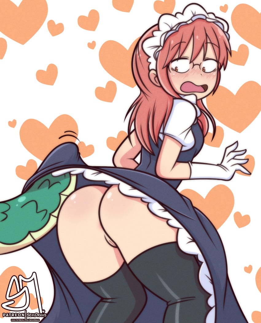 1girls ass black_legwear black_thighhighs blush dress dress_lift female glasses gloves kobayashi looking_back maid_headdress medium_hair miss_kobayashi's_dragon_maid no_panties orange_eyes patreon red_hair semidraws sideboob simple_background small_breasts solo stockings surprised tail thighhighs tohru_(dragon_maid) tohru_(dragon_maid)_(cosplay) watermark white_gloves