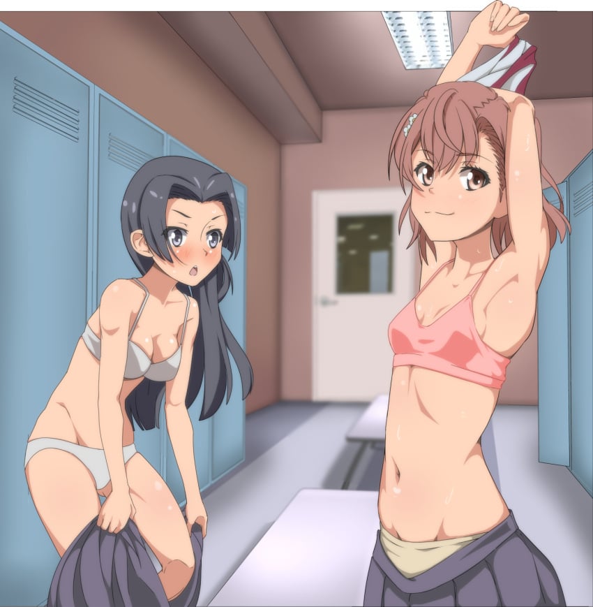 2girls alternate_costume arm_behind_head arm_up armpits ass_visible_through_thighs bare_arms bare_shoulders bra breasts brown_eyes brown_hair camisole cleavage closed_mouth dandere_(tetsudan) door english_commentary eyebrows_visible_through_hair feet_out_of_frame female flower flower_on_head flower_ornament from_side grey_bra grey_eyes grey_hair grey_pants grey_skirt hair_between_eyes hair_flower hair_ornament highres indoors kongou_mitsuko leaning_forward locker locker_room long_hair looking_at_another looking_at_viewer looking_to_the_side medium_breasts medium_hair misaka_mikoto multiple_girls navel open_mouth pants pink_camisole pleated_skirt shiny shiny_skin shorts shorts_under_skirt skirt small_breasts smile spaghetti_strap standing stomach sweat teenage_girl teenager teeth thighs to_aru_kagaku_no_railgun to_aru_majutsu_no_index underwear undressing upper_teeth white_flower young