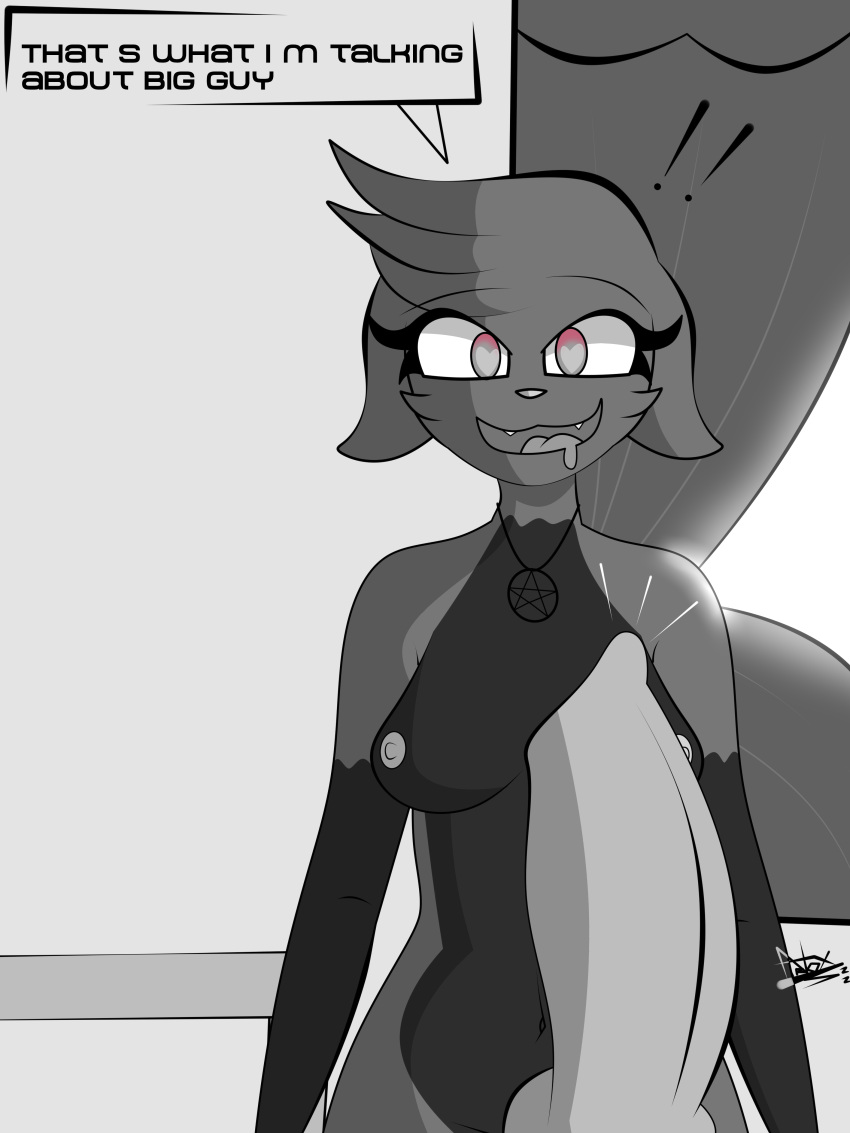 <3_eyes absurd_res anthro black_body black_fur breasts clothed clothing detailed_background dialogue domestic domestic_cat duo felid feline felis female firenox1559 fur galia_(firenox1559) genitals green_body greyscale heart hi_res looking_at_another looking_at_genitalia looking_at_penis lust male male/female mammal monochrome naughty_face nipples nude penis pink_eyes red_eyes smile topless