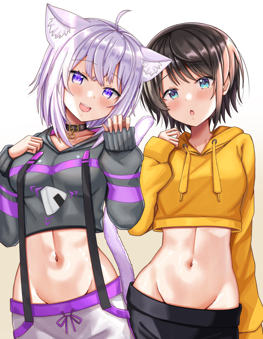 2girls :d :o absurdres ahoge animal_collar animal_ear_fluff animal_ears bangs black_collar black_hoodie black_shorts blue_eyes blush breasts brown_hair cat_ears cat_girl cat_tail collar collarbone cowboy_shot crop_top cropped_hoodie crossed_bangs drawstring eyebrows_visible_through_hair groin hair_between_eyes hand_up hands_up head_tilt highres hololive hololive_gamers hololive_gen_2 hololive_japan hood hood_down hoodie long_sleeves looking_at_viewer medium_breasts midriff multiple_girls navel nekomata_okayu nootomo onigiri_print oozora_subaru open_mouth pants purple_eyes purple_hair short_hair shorts sidelocks simple_background sleeves_past_wrists smile standing sweatpants swept_bangs tail teeth upper_teeth virtual_youtuber white_background white_pants yellow_hoodie