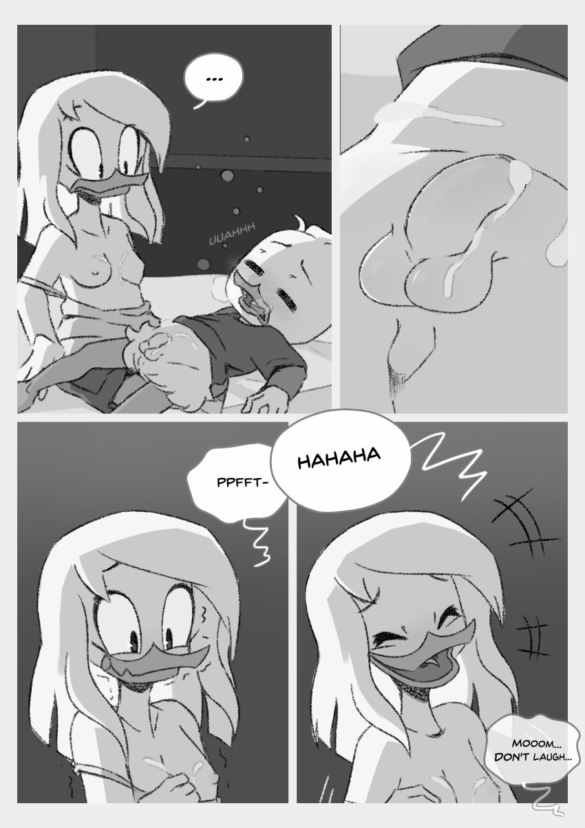 absurd_res age_difference anatid anseriform avian bed bedroom bird blush bodily_fluids breasts closed_eyes clothing comic cum della_duck dewey_duck dialogue disney duck ducktales ducktales_(2017) duo female furniture genital_fluids genitals hi_res incest inside laugh male monochrome mother mother_and_child mother_and_son older_female parent parent_and_child penis small_penis son therita3k younger_male