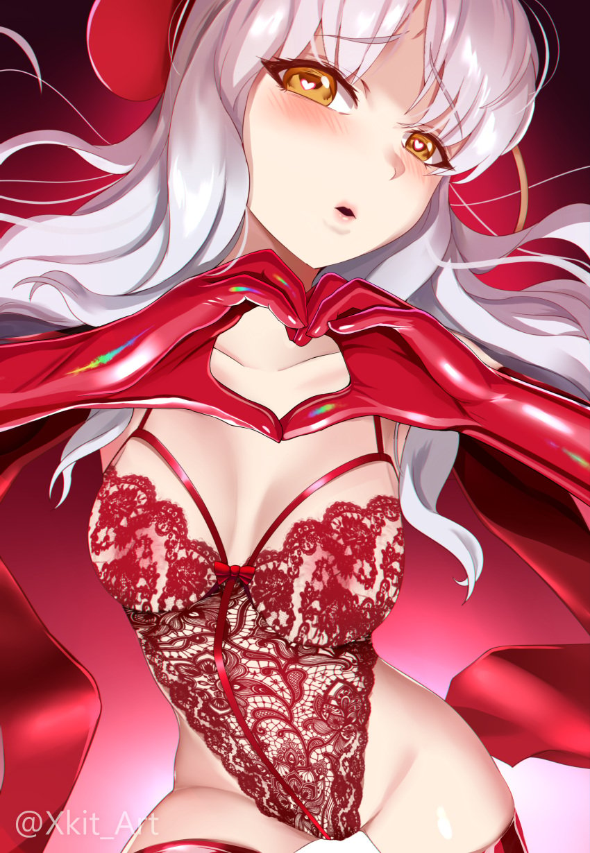 alternate_version_available areola_slip areolae blush bustier caren_hortensia_(amor_caren) caren_ortensia fate/grand_order fate_(series) female female_only gloves heart-shaped_pupils heart_hands lace leotard lingerie long_hair looking_at_viewer medium_breasts parted_lips red_gloves red_thighhighs thighhighs type-moon white_hair xkit69 yellow_eyes