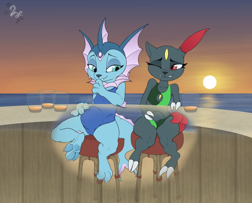 2022 absurd_res adamb/fluffy anthro bar beach bladder_bulge bodily_fluids cameltoe claws clothing container cup duo eeveelution female fin flat_chested glass glass_container glass_cup hi_res lira_(dragon-tear) nintendo nipple_bulge omorashi pawpads pokemon pokemon_(species) pokies seaside semi-anthro signature sneasel sunset sweat sweatdrop swimwear vaporeon varra_(dragon-tear) video_games wardrobe_malfunction