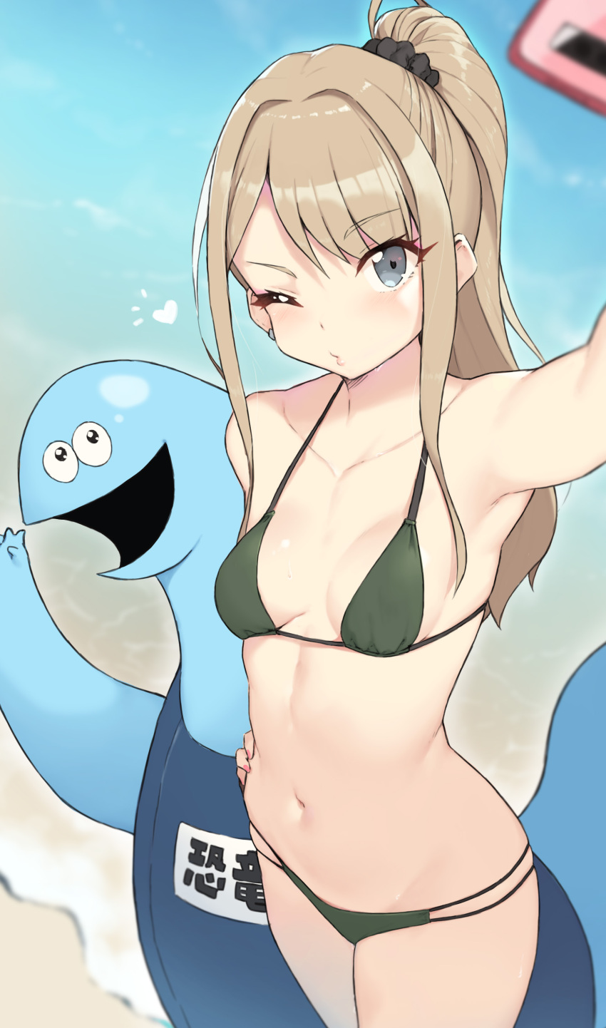 1boy 1girls absurdres armpits beach belly_button bikini black_scrunchie blonde_hair blue_body blue_skin breasts brown_hair cellphone cloba collarbone color colored dinosaur dinosaur_(gal_to_kyouryuu) duo earring earrings eyebrows_visible_through_hair eyes_visible_through_hair female female_focus gal_to_kyouryuu green_bikini grey_eyes hair_ornament hair_scrunchie hand_on_hip highres human jewelry kaede_(gal_to_kyouryuu) light-skinned light-skinned_female light_skin long_hair looking_at_viewer male navel non-human old_school_swimsuit one_eye_closed phone ponytail pose posing school_swimsuit scrunchie selfie small_breasts standing swimsuit swimwear tied_hair two_piece_swimsuit wink