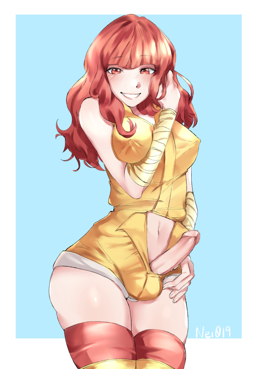 1futa absolute_territory alternate_costume aroused balls balls_under_clothes bandage belly_button booty_shorts breasts celica_(fire_emblem) celica_(warrior_princess)_(fire_emblem) clothed clothing covered_breasts dickgirl erect_penis erection fire_emblem fire_emblem_echoes:_shadows_of_valentia fire_emblem_heroes futa_only futanari hand_on_hair hand_on_own_thigh hot_pants human light-skinned_female light-skinned_futanari light_skin looking_at_viewer mostly_clothed nei019 nintendo nipples_visible_through_clothing official_alternate_costume open_clothes open_shorts penis penis_out pose posing red_eyes red_hair short_shorts shorts solo standing thick_thighs thighhighs thighs tight_clothing tight_fit tight_shorts unzipped unzipped_pants unzipped_shorts yellow_shorts yellow_topwear