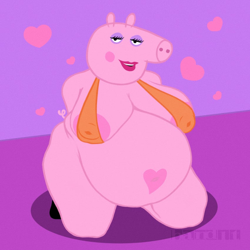 _pig anthro areola areola_outline band1tnsfw belly big_areola big_belly big_breasts big_nipples breasts canon_pregnancy cheek_spots clothing digital_drawing_(artwork) digital_media_(artwork) domestic_pig eyeshadow female female_anthro hands_behind_back heart_symbol hi_res huge_belly huge_breasts lipstick looking_at_viewer makeup mammal mommy_pig mummy_pig nipples orange_clothing orange_topwear overweight overweight_anthro overweight_female peppa_pig pink_body pink_skin portrait pregnant pregnant_anthro pregnant_female purple_eyeshadow purple_makeup red_lipstick simple_background solo suid suine sus_(pig) tail topwear