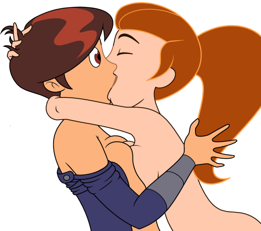 2d accurate_art_style betty_director big_breasts closed_eyes color digital_media_(artwork) disney disney_channel female female_only gagala human kim_possible kimberly_ann_possible kissing medium_breasts multiple_girls open_shirt straight_hair teenage_girl teenager white_background yuri