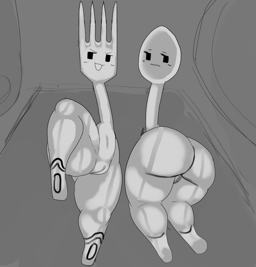 absurd_res animate_inanimate ass big_butt blush blush_lines cutlery darky03 duo female fork genitals hi_res kitchen_utensils kneeling legs_up pussy shy smug spoon thick_thighs tools wide_hips