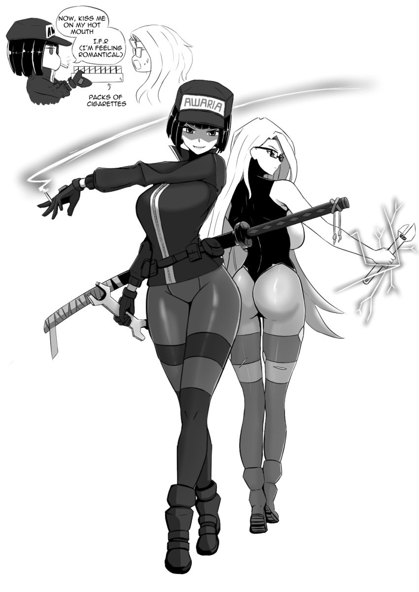 2girls ass awaria big_ass black_and_white black_hair blackbow86 bodysuit breasts cigarette cosplay crossover curvy curvy_female curvy_figure hips katana large_ass large_breasts limbus_company monochrome ryoshu_(limbus_company) short_hair simple_background smoking thighs yuri zmora