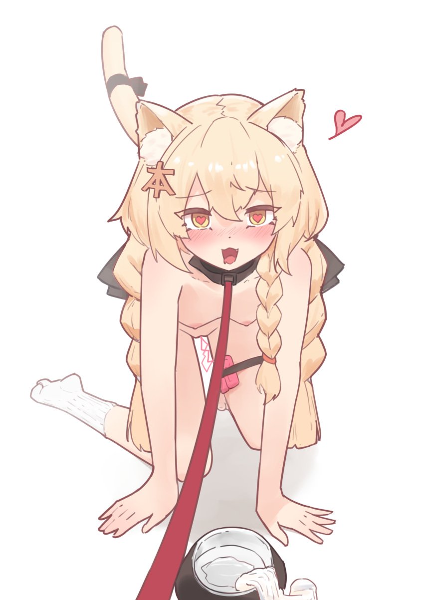 absurdres all_fours animal_ear_fluff animal_ears benzi_mofashi blonde_hair bowl braid cat_ears cat_tail collar female heart heart-shaped_pupils highres kirisame_marisa littiecy nipples nude pet_bowl pet_play pov side_braids single_sock socks solo symbol-shaped_pupils tail touhou unworn_socks white_socks yellow_eyes