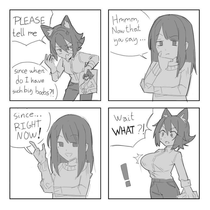 ! 2girls 4koma annoyed big_breasts bikini black_hair breast_expansion cat_ears cat_girl clothes dialogue english_text female_only hand_on_chin holding_paper holding_picture layru looking_at_breasts looking_at_viewer monochrome motion_lines no_sex pants reality_warping shocked shocked_expression sketch smiling sudden_expansion sweater text text_bubble