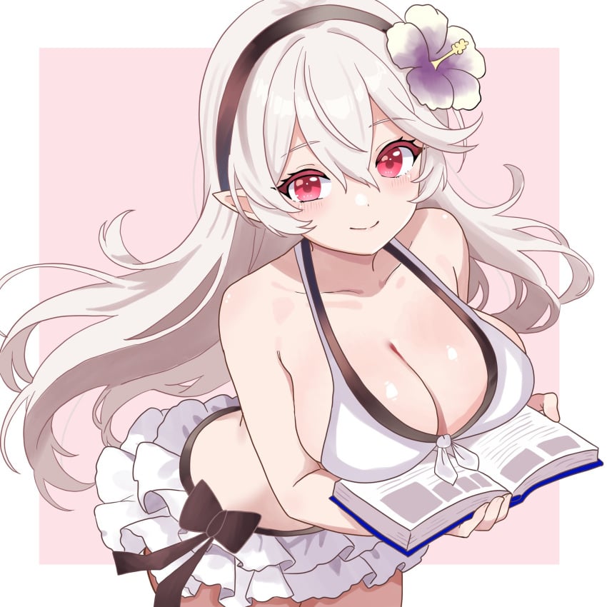 bikini black_hairband blush book breasts cleavage corrin_(female)_(fire_emblem) corrin_(female)_(novice_vacationer)_(fire_emblem) corrin_(fire_emblem) corrin_(fire_emblem)_(female) female fire_emblem fire_emblem_fates fire_emblem_heroes flower grey_hair hair_between_eyes hair_flower hair_ornament hairband highres large_breasts long_hair looking_at_viewer n_54 navel official_alternate_costume pointy_ears red_eyes sideboob skindentation smile solo swimsuit white_bikini white_hair