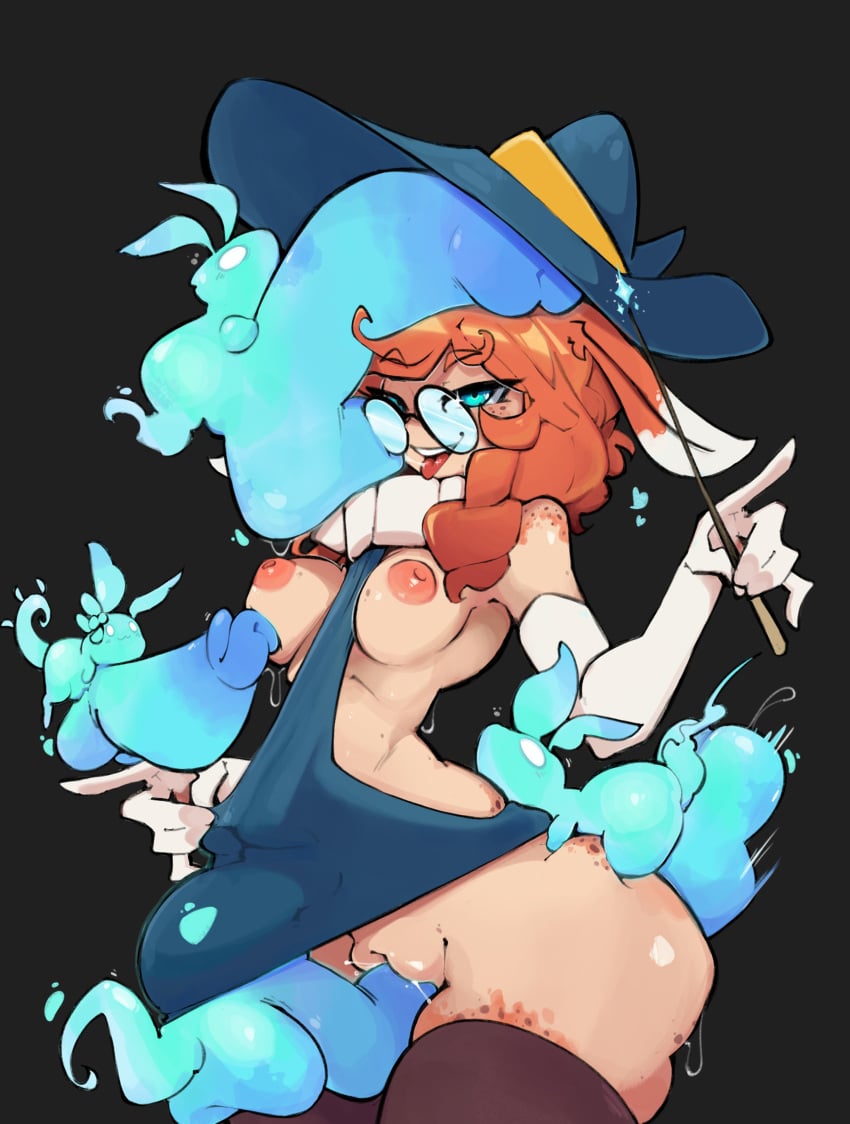 absurdres animal_ears aurora_(league_of_legends) black_background black_dress black_hat black_thighhighs breasts dress female ghost glasses hat highres holding holding_wand huge_cock league_of_legends medium_breasts medium_hair nipples orange_hair penis pussy rabbit_ears rabbit_girl round_eyewear simple_background tail testicles thighhighs tongue tongue_out twenty_(2enty) twenty_2 wand witch_hat zoophilia