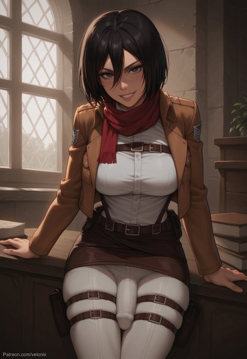 1futa 1futanari ai_generated ass attack_on_titan belt bending big_ass big_breasts big_butt big_hips big_penis black_eyes black_hair black_hair_female breasts brown_jacket bulge bulge_through_clothing cleavage clothed clothed_futanari clothing dick dickgirl eyebrows eyelashes forward futa_only futanari grin grinning grinning_at_viewer hair hands-free huge_cock indoors jacket lips long_hair looking_at_viewer makeup medium_hair mikasa_ackerman muscular narrow_waist narrowed_eyes nose pants penis red_scarf scarf seducing seductive seductive_eyes seductive_gaze seductive_look seductive_mouth seductive_pose seductive_smile shingeki_no_kyojin shirt short_hair small_jacket smile smile_at_viewer smiley_face smooth_balls smooth_penis smooth_skin solo solo_dickgirl solo_focus solo_futa solo_futanari straps testicles velonix white_pants white_shirt