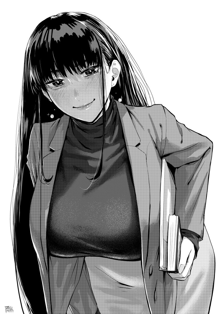 1girls 2d big_breasts breasts business_suit business_woman female female_focus female_only female_teacher large_breasts long_hair looking_at_viewer monochrome no_sex original original_character shitappa0120 smile suit suit_jacket teacher turtleneck turtleneck_sweater