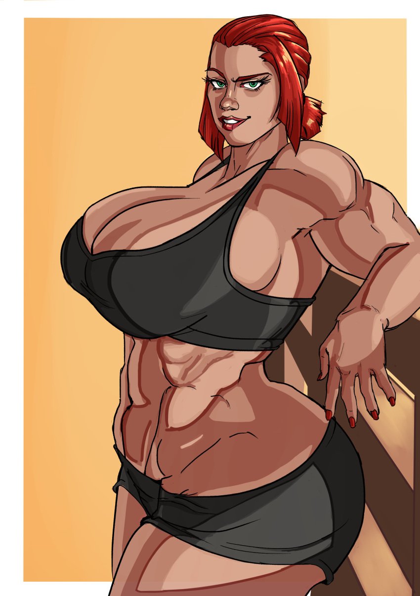 2d abs biceps big_breasts breasts busty capcom cleavage female female_focus female_only hourglass_figure italian italian_female large_breasts lipstick makeup marisa_rossetti muscles muscular muscular_female nail_polish navel patacon red_hair short_hair sports_bra sportswear street_fighter street_fighter_6 tagme wide_hips