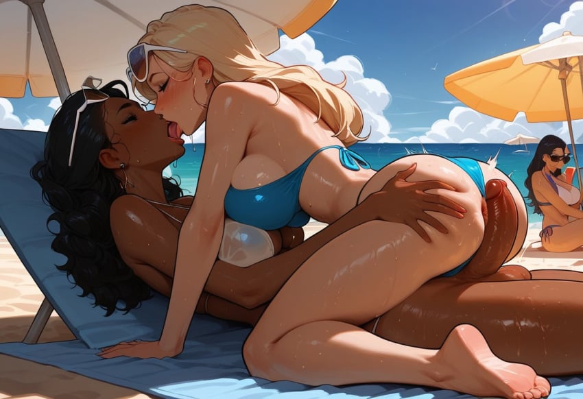 2futas ai_generated anal beach beach_chair black_hair blonde_hair charv dark_skin futa_on_futa futa_only futadom futanari interracial intersex kissing