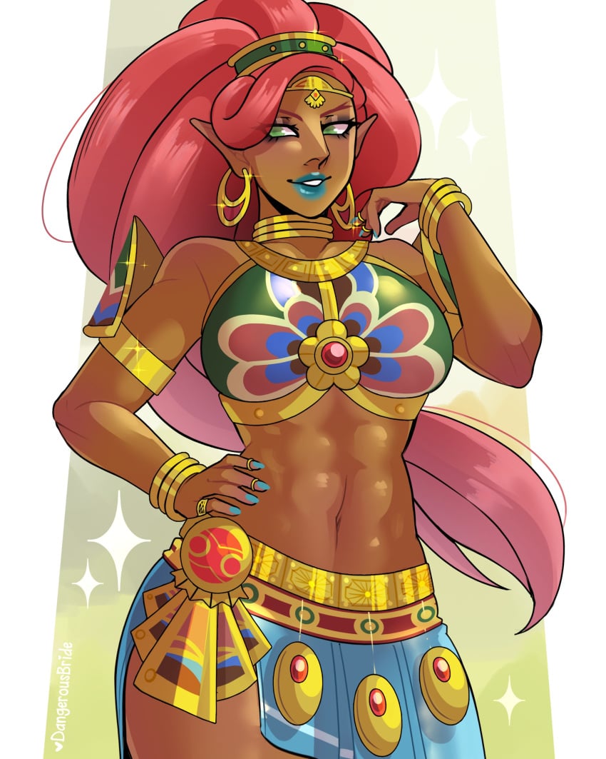 1girls blue_lipstick blue_nail_polish breath_of_the_wild dangerousbride dark-skinned_female dark_skin earrings female female_only gerudo green_eyes hand_on_hip jewelry long_hair looking_at_viewer narrowed_eyes nintendo pointy_ears red_hair smiling smiling_at_viewer solo the_legend_of_zelda urbosa very_high_resolution