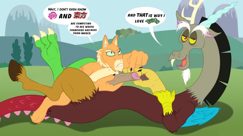 angry angry_face anthro canine complaint dialog discord discord_(mlp) draconequus dracovar_valeford duo edit english_text erection explicit friendship_is_magic g4 gay genitals hasbro history interspecies jackal jackalman logo lying male male_only mammal mlp multiple_males my_little_pony needed nudity on_back outdoors outside paheal penis penis_grab protest question retracted_foreskin rule rule_34_(booru) rule_34_(paheal) size_difference source sourceadd speech_balloon statistics stats straight_hair text thundercats toony touhou touhou_project uncut yaoi