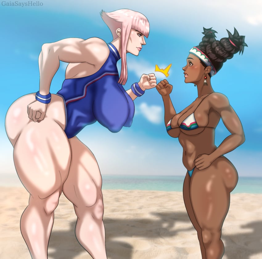 2girls artist_name artist_signature ass background beach beach_background bending_over big_ass big_breasts bikini blue_eyes breasts brown_eyes brown_hair capcom dark-skinned_female european female fist_bump french french_female gaiasayshello large_breasts latina leaning_forward leotard lily_hawk long_hair looking_at_another manon_legrand medium_breasts medium_hair mexican mexican_female muscular muscular_female native_american pale-skinned_female pink_hair self_upload smaller_female smile street_fighter street_fighter_6 swimsuit tagme thick_thighs thighs yuri