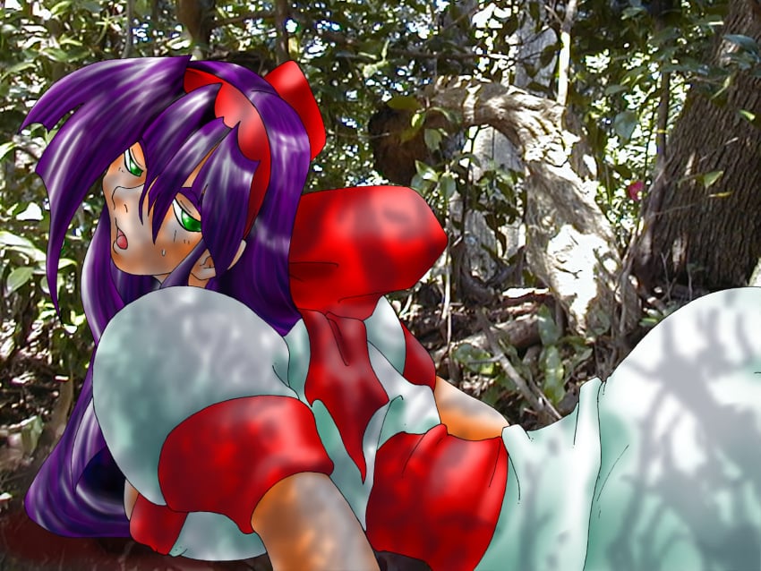 1girls ainu_clothes all_fours bent_over big_breasts breasts busty female female_only from_side green_eyes hair_ribbon half-closed_eyes hi_res highres king_of_fighters large_breasts long_hair looking_at_viewer nakoruru open_mouth pose posing purple_hair ribbon samurai_shodown sideboob snk solo sweatdrop tongue very_long_hair voluptuous