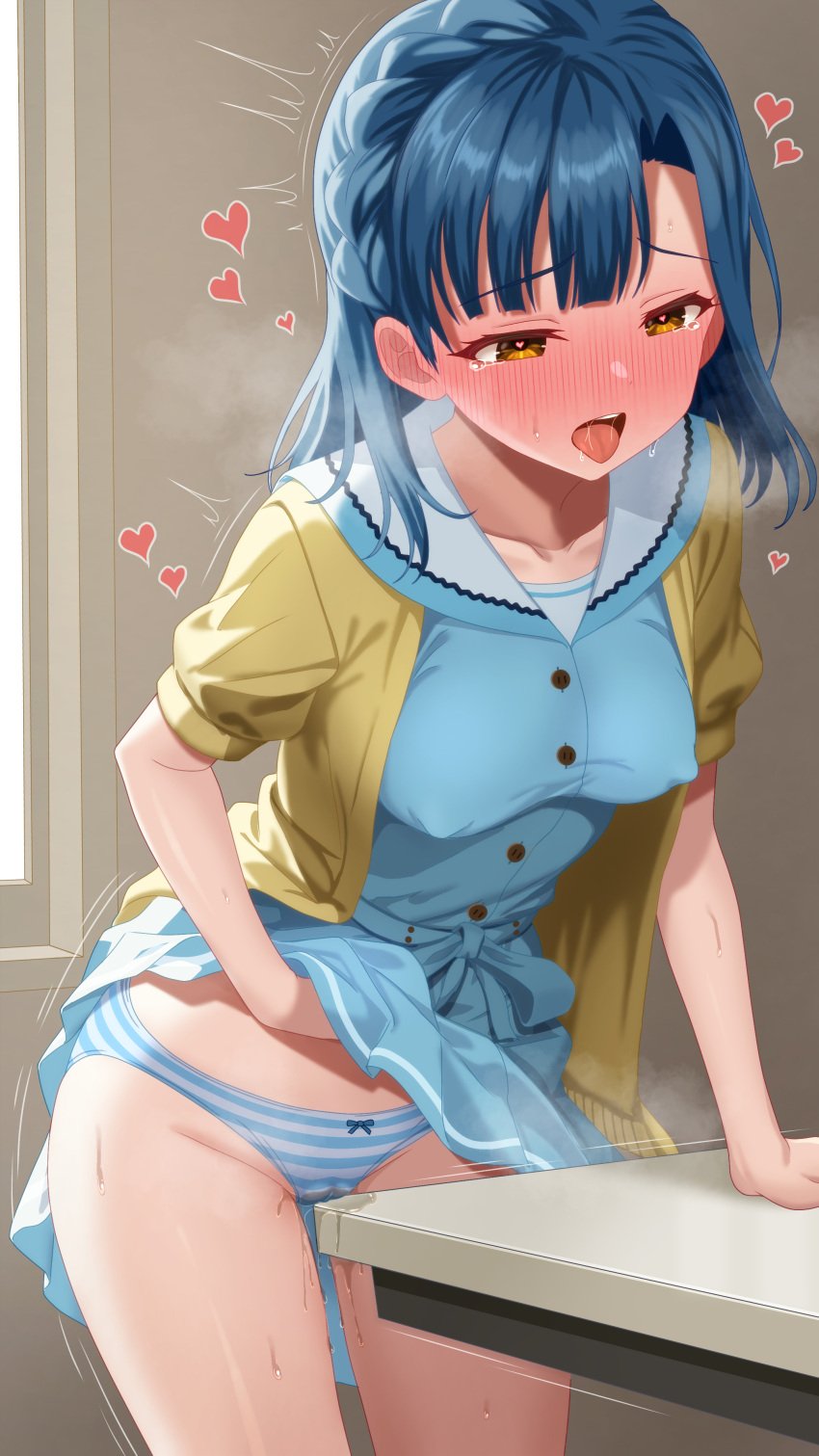 absurdres asymmetrical_bangs belt blue_belt blue_dress blue_hair blue_panties blush bow bow_panties braid breasts buttons clothes_lift commentary_request covered_nipples crotch_rub crown_braid dress dress_lift female female_masturbation full-face_blush hand_on_own_stomach heart highres idolmaster idolmaster_million_live! indoors jacket leaning_forward leaning_on_table lifting_own_clothes masturbation masturbation_through_clothes medium_breasts nanao_yuriko open_clothes open_jacket open_mouth panties pussy_juice pussy_juice_drip_through_clothes pussy_juice_stain short_sleeves solo spoken_heart straight_hair striped_clothes striped_panties sweat table table_humping tearing_up teeth tongue tongue_out toritori_miri underwear upper_teeth_only yellow_eyes yellow_jacket